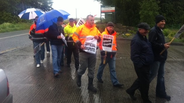 Picket on Bord na Móna peat briquette factory in Derrinlough, Co Offaly Picket on Bord na Móna peat briquette factory in Derrinlough, Co Offaly