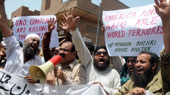 Pakistani protesters shout anti-US slogans rallying against US drone attacks in the Pakistani tribal belts during a demonstration in Multan yesterday Pakistani protesters shout anti-US slogans rallying against US drone attacks in the Pakistani tribal belts during a demonstration in Multan yesterday