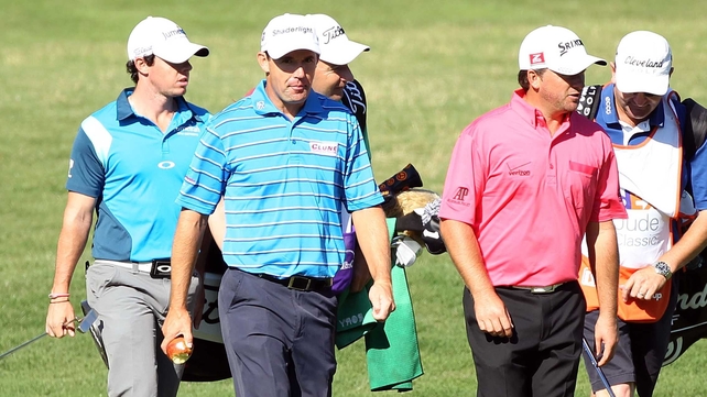 (L to R) Rory McIlroy, Padraig Harrington and Graeme McDowell during round one in Memphis
