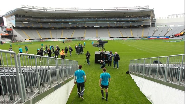 Donncha O'Callaghan and Brian O'Driscoll walk out on to the pitch at Eden Park for the captains run