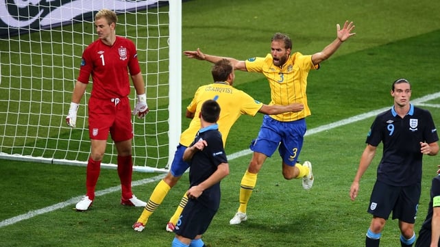 Olof Mellberg celebrates scoring for Sweden