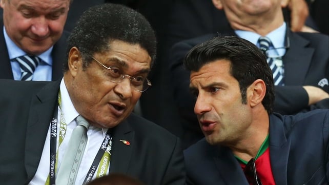 Portugal greats Eusebio and Luis Figo at the Portugal v Czech Republic match