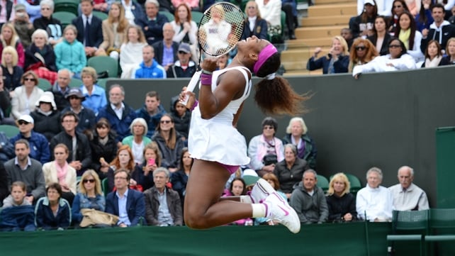 Serena Williams jumps for joy after her 6-1 2-6 7-5 win over Yaroslava Shvedova