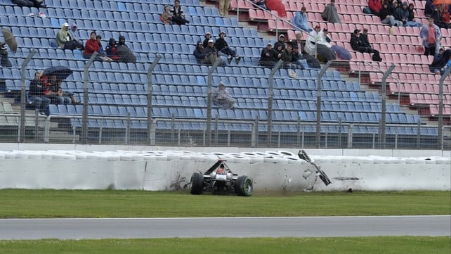 Michael Schumacher crashes his Mercedes during the second practice session at the Hockenheimring