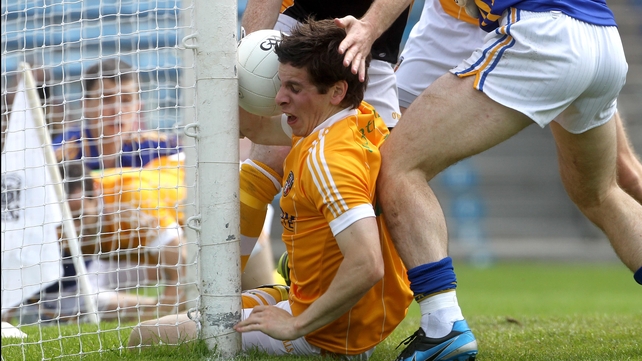 Antrim's Kevin O'Boyle stops the ball from crossing the line
