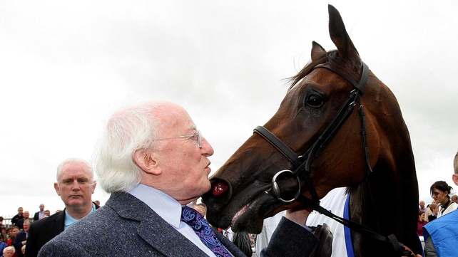 Presidential salute: Darley Irish Oaks winner Great Heavens is greeted by Ireland's Head of State, President Michael D Higgins