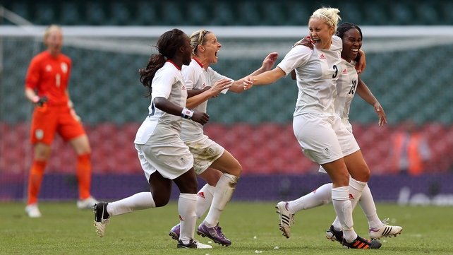 Great Britain's Stephanie Houghton, Eniola Aluko, Kelly Smith and Ifeoma Dieke celebrate their side's opening goal at the Millennium Stadium