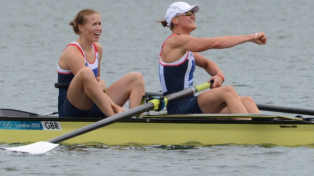 Helen Glover (L) and Heather Stanning celebrate their victory