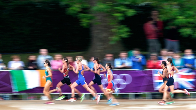 The triathletes during the running phase of the event