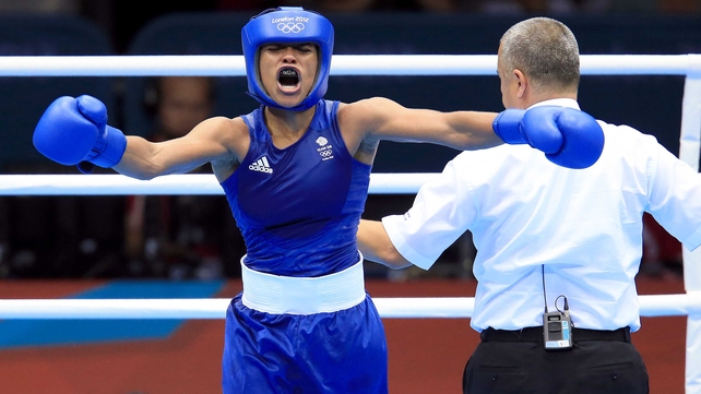 Natasha Jonas jumps for joy after her convincing win at at ExCel