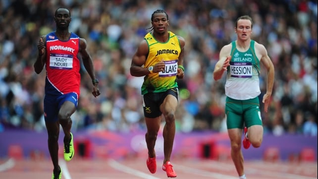 Paul Hession (r) chases Yohan Blake of Jamaica and Jaysuma Saidy Ndure (l) of Norway