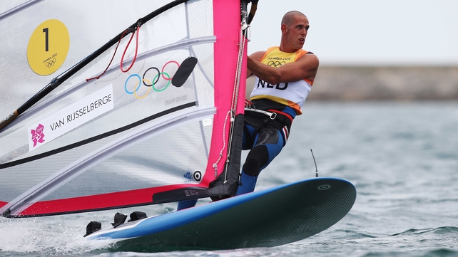 Dorian Van Rijsselberge of the Netherlands competes on his way to winning gold in the men's RS:X sailing
