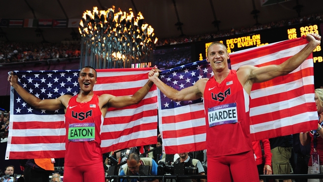 Ashton Eaton (L) of the United States and Trey Hardee (R) of the United States celebrate
