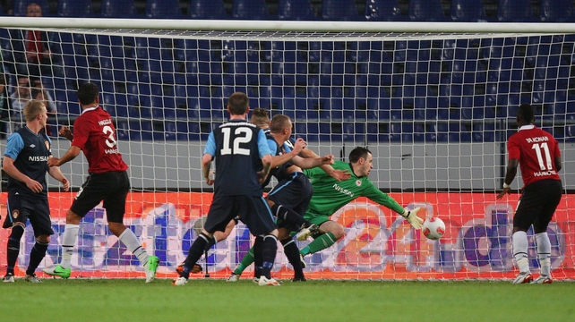 Karim Haggui heads home Hannover's opening goal at the AWD-Arena