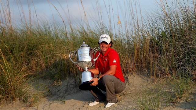 Rory McIlroy pictured with the Wanamaker Trophy after his PGA Championship victory at Kiawah Island