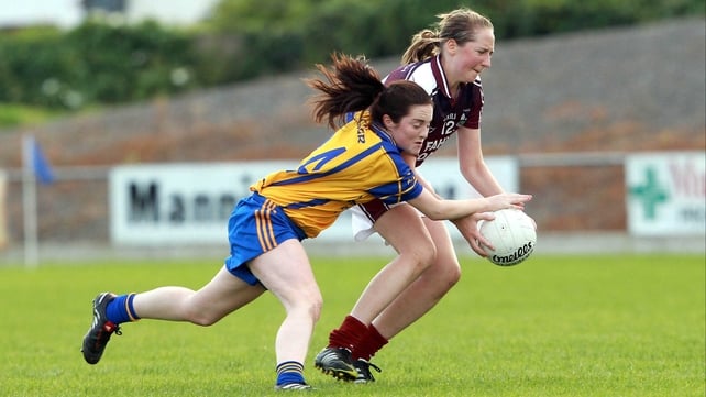 Shauna Harvey of Clare tackles Claire Hehir of Galway during their quarter-final clash in Birr