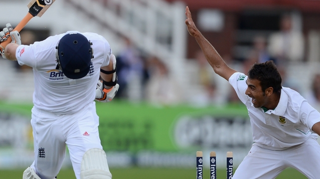 Graeme Swann of England is run out by Imran Tahir of South Africa