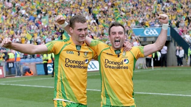 Donegal's Karl Lacey and Eamonn McGee celebrate after reaching the final