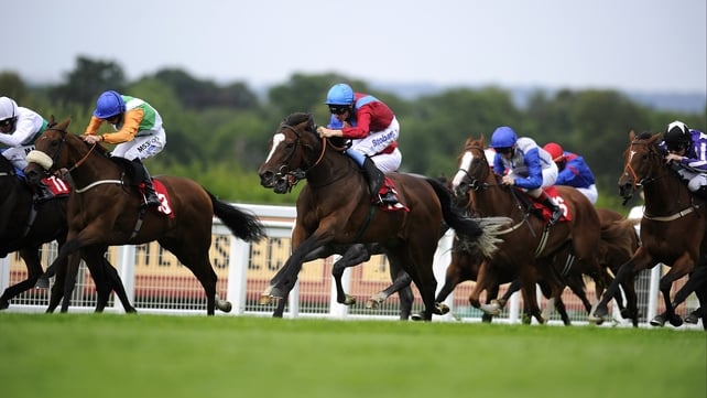 Richard Hughes delivers Dank (red, blue sash) with a perfectly timed run to land the Atalanta Stakes at Sandown