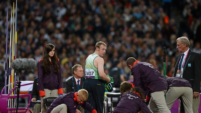 Ray O'Dwyer after completing a throw at the Olympic Stadium