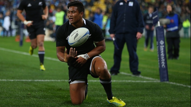 Julian Savea of the All Blacks celebrates scoring a try