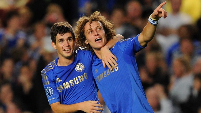 Oscar (L) and David Luiz celebrate Chelsea's opener