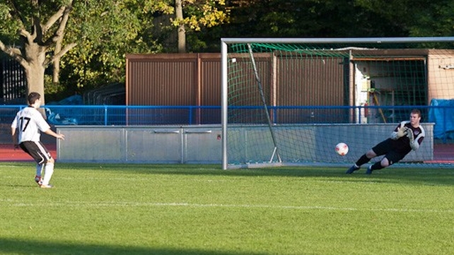 Roy Keating saves the second German penalty; a save which put Ireland on the road to penalty shoot-out victory