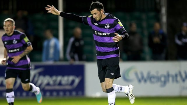 Killian Brennan celebrates putting Shamrock Rovers 1-0 up at the Carlisle Grounds