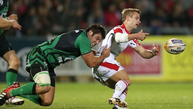 Ulster's Paul Marshall is tackled by Ronan Loughney of Connacht