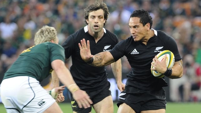 New Zealand's Hosea Gear fends off a would-be tackler