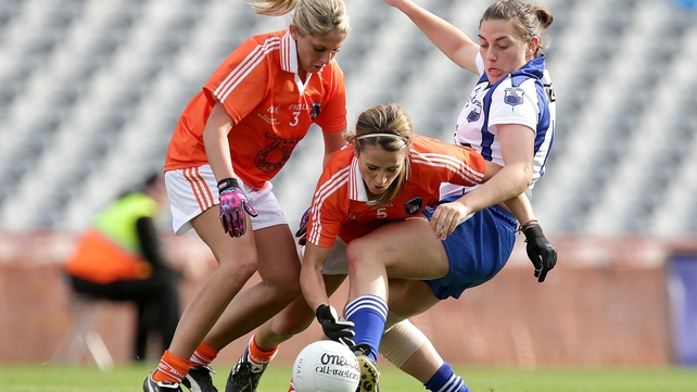 Armagh's Laura Brown (l) and Sharon Reel challenge Shona Curran of Waterford