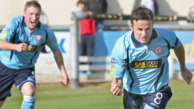 David Cassidy celebrates Shelbourne's opener at the Brandywell on Sunday
