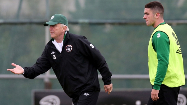 Giovanni Trapattoni putting new recruit Robbie Brady through his paces at training on Monday