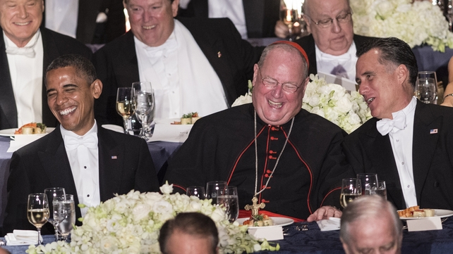 US President Barack Obama, Cardinal Timothy Dolan, Archbishop of New York, and Republican presidential candidate Mitt Romney during the 67th annual Al Smith dinner US President Barack Obama, Cardinal Timothy Dolan, Archbishop of New York, and Republican presidential candidate Mitt Romney during the 67th annual Al Smith dinner