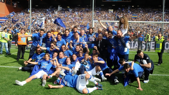 Sampdoria players and fans celebrating Champions League qualification, but perhaps their opponents weren't trying as hard as they should have been at the 'David O'Leary' Stadium in Genoa