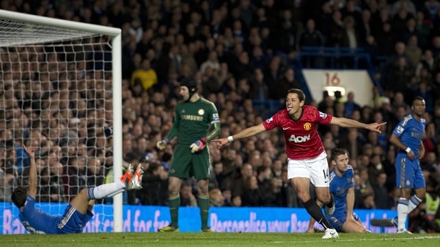 Javier Hernandez celebrates after scoring the winner at Stamford Bridge