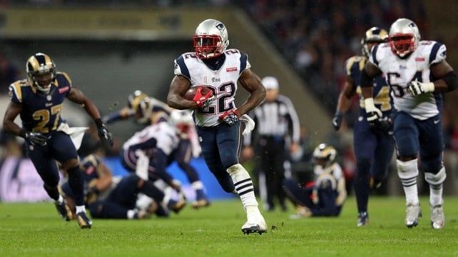Stevan Ridley gaining yards for the New England Patriots at Wembley Stadium