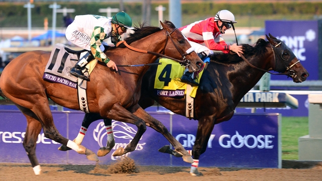 Jockey Brian Hernandez drives out Fort Larned (r) to win the BC Classic from Mucho Macho Man and Mike Smith
