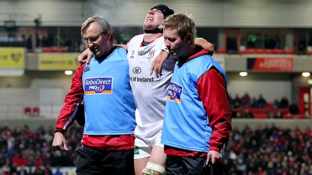 Ferris is helped off the pitch after picking up the injury against Edinburgh