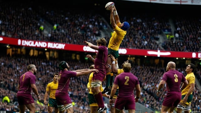Nathan Sharpe climbs highest to claim the line-out ball against England