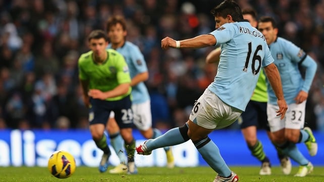 Sergio Aguero scores from the spot as the reigning champions proved too good for the Villians