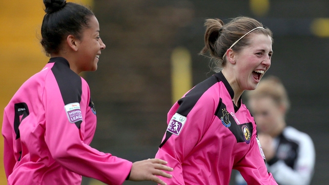 Wexford Youths' Edel Kennedy (r) celebrates scoring the first goal of the game against Raheny