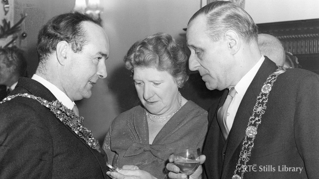 Lord Mayor of Dublin Robert Briscoe (right) is pictured with two unidentified people at the opening night of Telefís Éireann on New Year's Eve 1961. © RTÉ Stills Library 2492/030