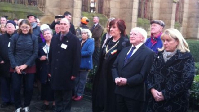 President Michael D Higgins at the Irish Famine Memorial in Liverpool President Michael D Higgins at the Irish Famine Memorial in Liverpool