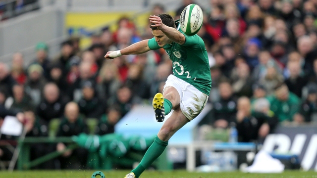 Jonathan Sexton kicks a conversion against Los Pumas