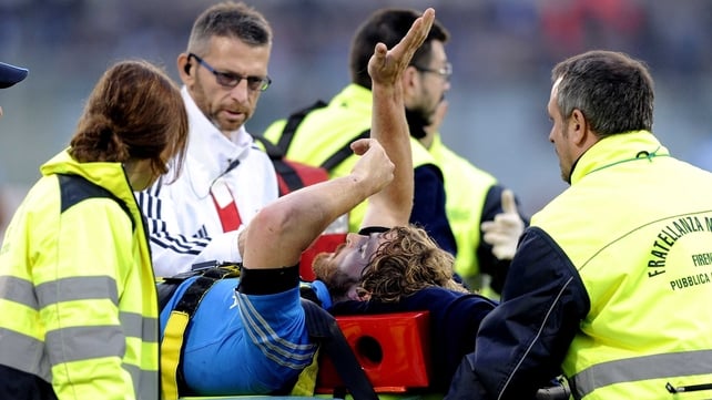 Mirco Bergamasco of Italy is stretchered off at Artemio Franchi