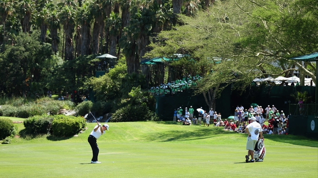 Paul Lawrie plays into the ninth green