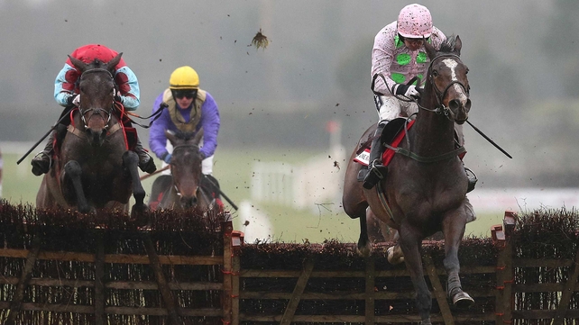 Zaidpour (left) and Ruby Walsh lead Voler La Vedette over the final flight in the Hatton's Grace Hurdle