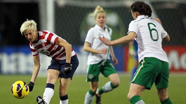 Niamh Fahey puts pressure on USA's Megan Rapinoe in Portland