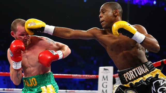 Javier Fortuna (r) lands a right hand on the forehead of Patrick Hyland during their interim WBA Featherweight title fight in Las Vegas